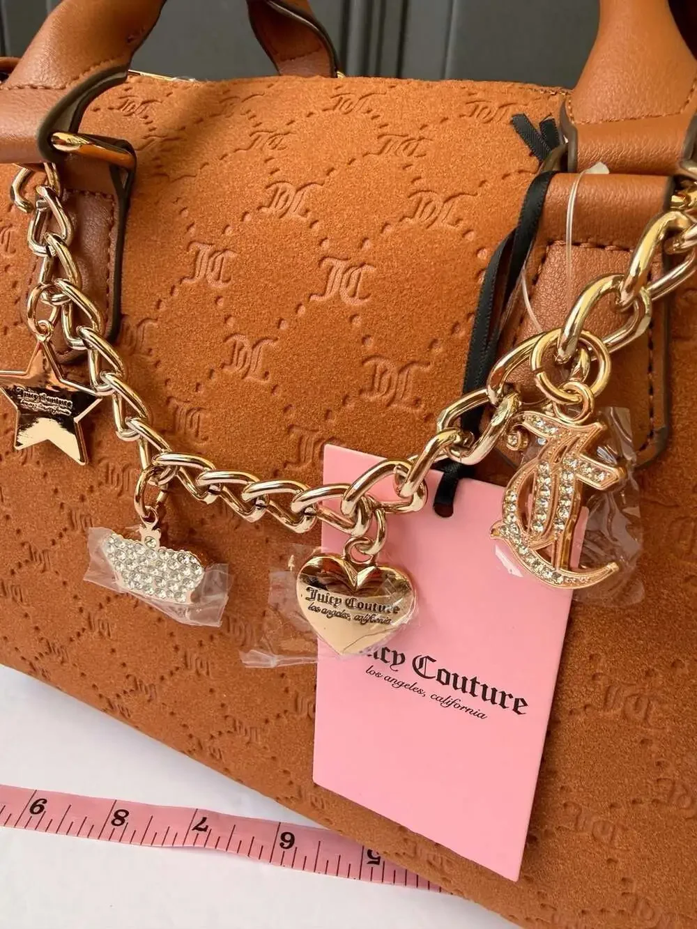 JuicyCouture Tan Brown Suede Monogram Logo Satchel CrossbodyHandbag ChainCharms